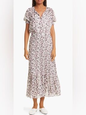 Club Monaco Smocked Cuff Floral Pleated Midi Dress - Pink/White, Size, 8